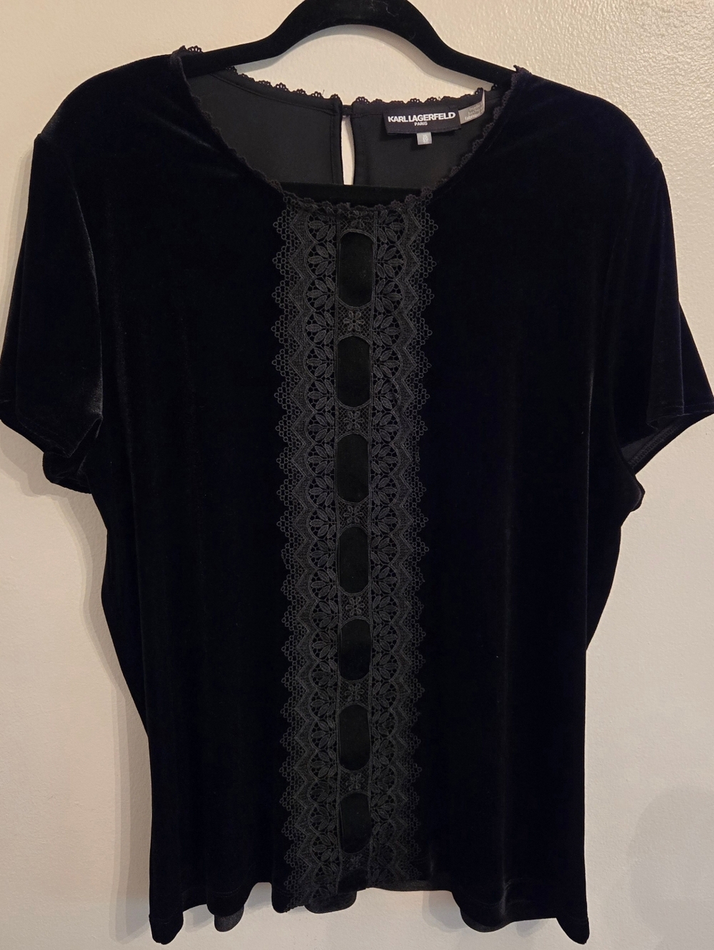 Karl Lagerfeld Womens Black Velvet Lace Short Sleeve Top XL